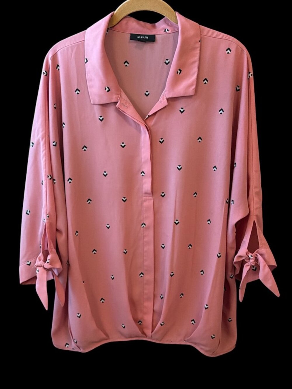 ALFANI Blouse Women's Size XL 3/4 Sleeves Pullover Collared Tie Sleeves